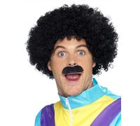 NEW Scouser Kit Black Curly Afro Wig & Tash 80's 118 Mens Funny Wig & Moustache