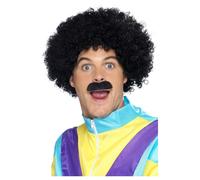NEW Scouser Kit Black Curly Afro Wig & Tash 80's Retro 118 Mens Funny Wig