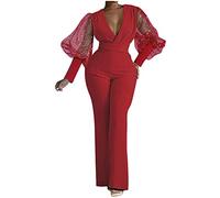 New Sequin Jumpsuit for Women UK V Neck Jumpsuit Long Sleeve Rompers Clearance Playsuit Straight Leg Trousers Clubwear Plus Size Pants Dress Rompers Ladies Long Pants for Work Party Club Wedding Red