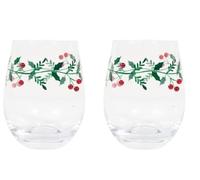 New Set of 2 Tumbler Glass with Mistletoe Decoration, Painted with Green Leaves and Studded with Red Berry Icons, Bring Festive Elegance to Your Table, Beautiful Addition to Your Glassware Collection