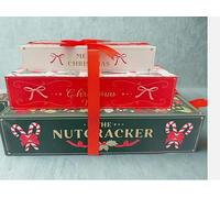New Set Of 3 Christmas Storage Books Set Including Nutcrackers, Ballerinas, Candy Canes, Holly Leaves, and Golden Accents, Tied With A Bright Red Ribbon, Creating A Gorgeous Festive Display.