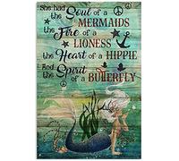 New She Had Soul of Mermaids Fire of A Lioness Heart of A Hippie Spirit of A Butterfly Ocean Beach Coral Metal Tin Sign for Home and Kitchen Bar Man Cave Cafe Garage Wall Decor 12x8 Inch