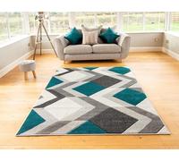 New Small Large Dark Teal Jade Silver Grey Geometric Design Area Rugs Mats (200x290cm)