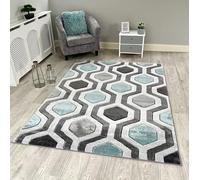 New Small Large Duck Egg Blue Silver Grey Hexagon Design Area Rugs Mats (160x220cm)
