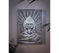 New Solar Powered Buddha Metal Wall Panel with Cool White LED Colour, Transform Your Garden Into a Tranquil, Relaxing Space, Rechargeable Battery Included, Perfect Way to Bring Peace.