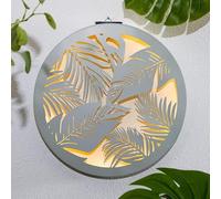 New Solar Powered Grey Round Metal Wall Art Solar Light Tropical Leaf Design With Cool White LED,Automatically Turns On at Dusk Garden Wall Patio Balcony Decor -G17