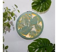 New Solar Powered Stunning Green Round Metal Wall Art Tropical Leaf Design With Cool white LED, Automatically Turns On at Dus,k Garden Wall Patio Balcony Decor -G18