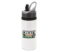 New Spirit Original Cricket addict black and white text with green detailing water bottle with handle, drinks bottle, drinks cup, sports, cricket player, cricket bat