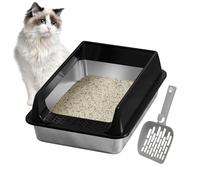 New Stainless Steel Cat Litter Box - High-Sided Kitten Litter Box with Scoop | Easy-Clean Semi Enclosed High Removable Rim Pet Accessories for Large Medium Cat Balcony Terrace Apartment Garden