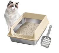 New Stainless Steel Cat Litter Box - High-Sided Kitten Litter Box with Scoop | Easy-Clean Semi Enclosed High Removable Rim Pet Accessories for Large Medium Cat Balcony Terrace Apartment Garden