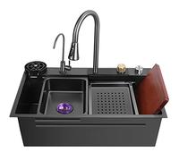 New Stainless Steel Waterfall Sink - Drop In Single Bowl Workstation Sink With Cup Washer (Black, 75x46cm)
