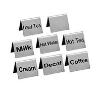 New Star Foodservice Stainless Steel Table Tent Sign Combo, Includes "Coffee", "Decaf", "Hot Tea", "Iced Tea", "Hot Water", "Milk", "Cream",and Blank, 2-Inch by 2-Inch, Combo Set of 8