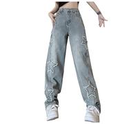 New Star Jeans Women High Waist Thin Trend All Loose Meat Straight Leg Wide Casual Pants 18 Tall Womens (Blue, S)