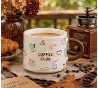 New Stunning Coffee Club Icon Printed Ceramic Mug - Cream Speckled Coffee Cup with Embossed Coffee Club Design, Brown Handle for Tea, Coffee, Gift-A76