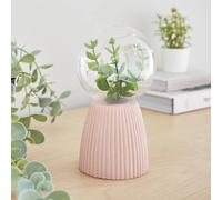 New Stunning Faux Terrarium Ribbed Battery Operated Table Lamp Faux Foliage Surrounded by Copper Wired Lights with a Push Bar Switch Ideal for Displaying On a Shelf or Window Sill Home Decor (Pink)