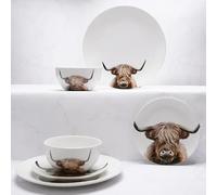 New Stunning Highland Cow 12 Piece Tableware Set - Whimsical Farm Animal Design on Glossy Porcelain Microwave & Dishwasher Safe Perfect for Rustic Dining and Kitchen Decor -M15