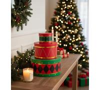 New Stunning Red And Green Set of 3 Festive Drum Gift Boxes - Christmas Decorative Boxes in Varying Sizes for Stylish Presents, Stacking Under the Tree, and Holiday Display-T47