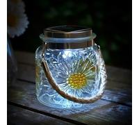 New Stunning Solar Powered Daisy Embossed Glass Lantern - Cool White LED Outdoor Garden Hanging & Table Light Outdoor Home Decor Gift-A42 (Clear)