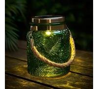 New Stunning Solar Powered Tropical Glass Lantern with Leaf Embossed Design - Decorative Outdoor Garden Light for Patio Balcony or Yard Ambience Outdoor Decor-A03 (Green)