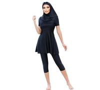 New Summer Burkini Femmes Muslim 3pcs Swimwear Black Solid Color Short Sleeve Capri Pants Sunscreen Beach wear with Hijab (UK, Alpha, S, Regular, Regular, Black)