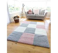 NEW SUPER SOFT BLUSH PINK SILVER CREAM MODERN SHAGGY AREA RUGS PATCHWORK SQUARES DESIGN THICK NON SHED 5CM PILE RUG (120x170cm)