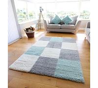 NEW SUPER SOFT DUCK EGG BLUE SILVER CREAM MODERN SHAGGY AREA RUGS BLOCK DESIGN THICK NON SHED 5CM PILE RUG (80X150CM)