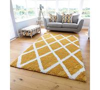 NEW SUPER SOFT OCHRE MUSTARD CREAM MODERN SHAGGY AREA RUGS TRELLIS DESIGN THICK NON SHED 5CM PILE RUG (80X150CM)