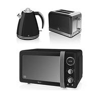 New Swan Kitchen Appliance Retro Set - Black Digital 20L Microwave, Black 1.5 Litre Jug Kettle & Black Retro Stylish 2 Slice Toaster Set