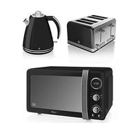 New Swan Kitchen Appliance Retro Set - Black Digital 20L Microwave, Black 1.5 Litre JUG Kettle & Black Retro Stylish 4 Slice Toaster Set