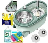 *NEW* SWISSPACK Revolving Spin Mop and Bucket White Pads Bundle (GREEN SPIN +MICROFIBRE CLOTHS+ GLOVES+CIF)