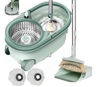*NEW* SWISSPACK Spin Mop and Buckets Sets With Matching Dustpan and Brush Telescopic Handle & 2 Reusable Pads for Hardwood Laminate Tile Floors - Green Combo