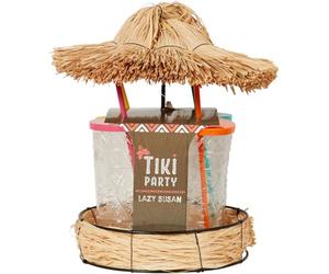 New Tiki Party Lazy Susan with 4 Tumblers - Natural Rotating Tiki Bar Centrepiece | Includes Glass Tumblers with Lids & Straws | Fun Summer Party Drink Set for Indoor & Outdoor Use N-54
