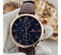 NEW TOMMY HILFIGER 1791399 KANE BLUE DIAL LEATHER BROWN STRAP MEN WATCH UK