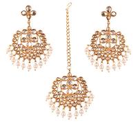 NEW! Touchstone "Contemporary Kundan Collection" Indian Bollywood Beautiful Kundan Polki Look Faux Pearls Hangings Long Designer Jewelry Earrings and Mangtika In Gold Tone For Women.