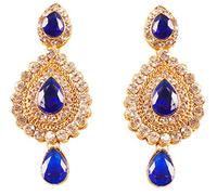 NEW! Touchstone Indian Bollywood Desire Contemporary Diamond Look White Rhinestone Faux Blue Sapphire Designer Jewelry Chandelier Earrings In Antique Gold Tone For Women