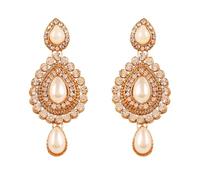 NEW! Touchstone Indian Bollywood Desire Contemporary Studded Diamond Look White Rhinestone Faux Pearls Designer Jewelry Chandelier Earrings In Antique Gold Tone For Women
