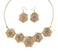 NEW! Touchstone Indian Bollywood Fashion Handcrafted Fascinating Basket Weave Concentric Wires Hexagon Shape Designer Jewelry Necklace Set In Gold Silver Copper Tones For Women.