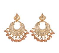 NEW! Touchstone Indian Bollywood Fresh Trends Handcrafted Mughal Era Inspired Mesh Work Moon Chaand Motif Peach Color Beads Designer Jewelry Dangling Earrings In Gold Tone For Women.