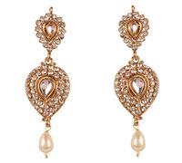 NEW Touchstone Indian Bollywood Traditional Style Dazzling White Rhinestone Faux Pearls Hangings Long Designer Jewelry Chandelier Earrings In Gold Tone For Women.