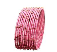 NEW! Touchstone "Silk Thread Bangle Collection" Indian Bollywood Handcrafted Faux Silk Thread Exotic Look Golden Beads Blush Pink Designer Bangle Bracelets Set of 12 For Women.