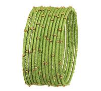 NEW! Touchstone "Silk Thread Bangle Collection" Indian Bollywood Handcrafted Faux Silk Thread Exotic Look with Golden Beads Designer Bangle Bracelets Set of 12 For Women. (Parrot Green, 2.8)