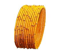 NEW! Touchstone "Silk Thread Bangle Collection" Indian Bollywood Handcrafted Faux Silk Thread with Golden Beads Exotic Look Fire Yellow Designer Bangle Bracelets Set of 12 For Women.