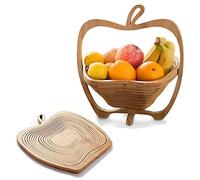 New Traditional 2 in 1 Apple Shaped Wooded Decorative Bamboo Fruit Basket Bowl Multifunction Heat Resistant Non Slip Bamboo Trivets Pot Folding Fruit Egg Bread Basket Collapsible Fruit Bowl