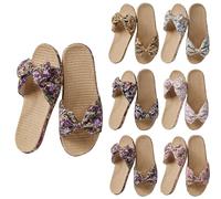 New UK 4.5 Women Bow Knot Flax Tatami Slippers Summer Open Toe No Slip Indoor Slippers Straw Flat Sandals Home Wooden Floor Grass Rattan Slipper for Travel Hotel Gift Footwear Purple
