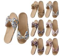 New UK 4.5 Women Bow Knot Flax Tatami Slippers Summer Open Toe No Slip Indoor Slippers Straw Flat Sandals Home Wooden Floor Grass Rattan Slipper for Travel Hotel Gift Footwear Blue