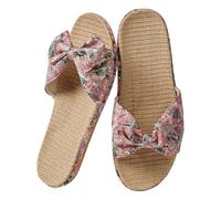 New UK 5.5 Women Bow Knot Flax Tatami Slippers Summer Open Toe No Slip Indoor Slippers Straw Flat Sandals Home Wooden Floor Grass Rattan Slipper for Travel Hotel Gift Footwear Pink