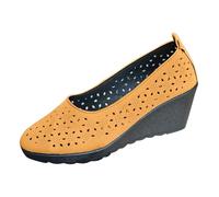 New UK 5 Women's Ladies Wedge Heel Mary Janes Shoes Faux Leather Hollow Out Ankle Strap 5 Cm Low Wedge Shoes Pumps Gift Footwear 002_Yellow