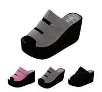 New UK 6.5 High Heeled Wedge Slippers Sandals Women Peep Toe Platform Light Weight Non Slip Indoor Outdoor Slide On Sandals Faux Suede Dress Summer Slippers Shoes Gift Footwear Grey