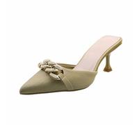 New UK 6.5 Metal Chain Decor Mules Heels for Women Lady Kitten Heeled Sandals Slip on Pointy Closed Toe Slides for Women Backless Mules Yellow Footwear Gift