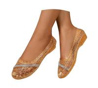New UK 6.5 Women's Jelly Shoes Mary Jane Flats Rhinestone Glitter Crystal Clear Slip On Low Wedges With Strap Gift Footwear A1_Gold